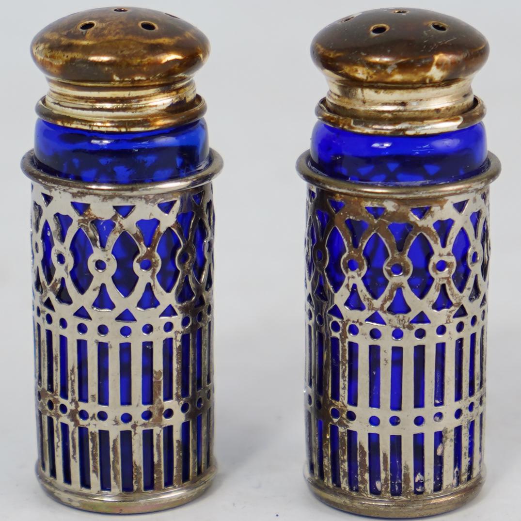 (2 Pc) Blue Glass and Silver Plated Salt Shakers (1 of 3)