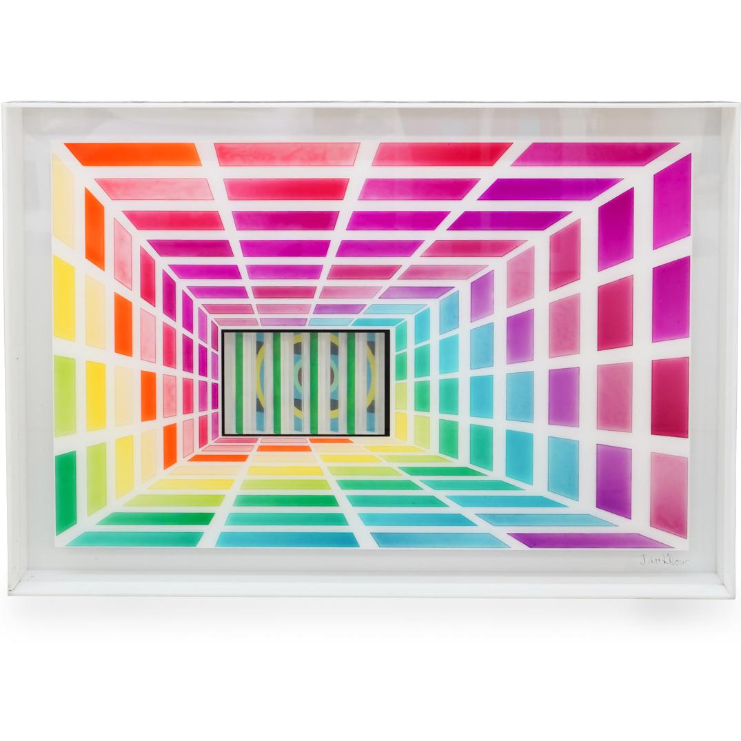 Leonard Janklow (American, 1919-2006) Mixed Media: DESCRIPTION: A limited edition screenprint on acrylic in painted plexiglas kinetic art illustration by Leonard Janklow. Titled "Abysmal "M" numbered 7/9, Composed of vivid colored acrylic plate glass