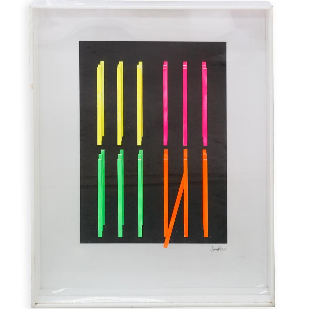 Leonard Janklow (American, 1919-2006) Mixed Media: DESCRIPTION: A mixed media (colored acrylic and painted wood) kinetic art illustration by Leonard Janklow, titled "Simplistic I", depicts vivid neon vertical lines, Signed lower right, framed in plexi
