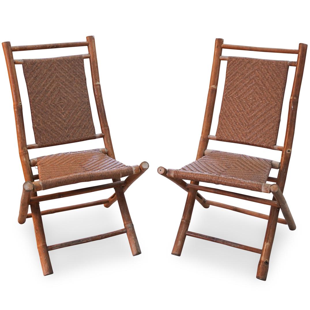 Pair Of Wood And Wicker Folding Chairs