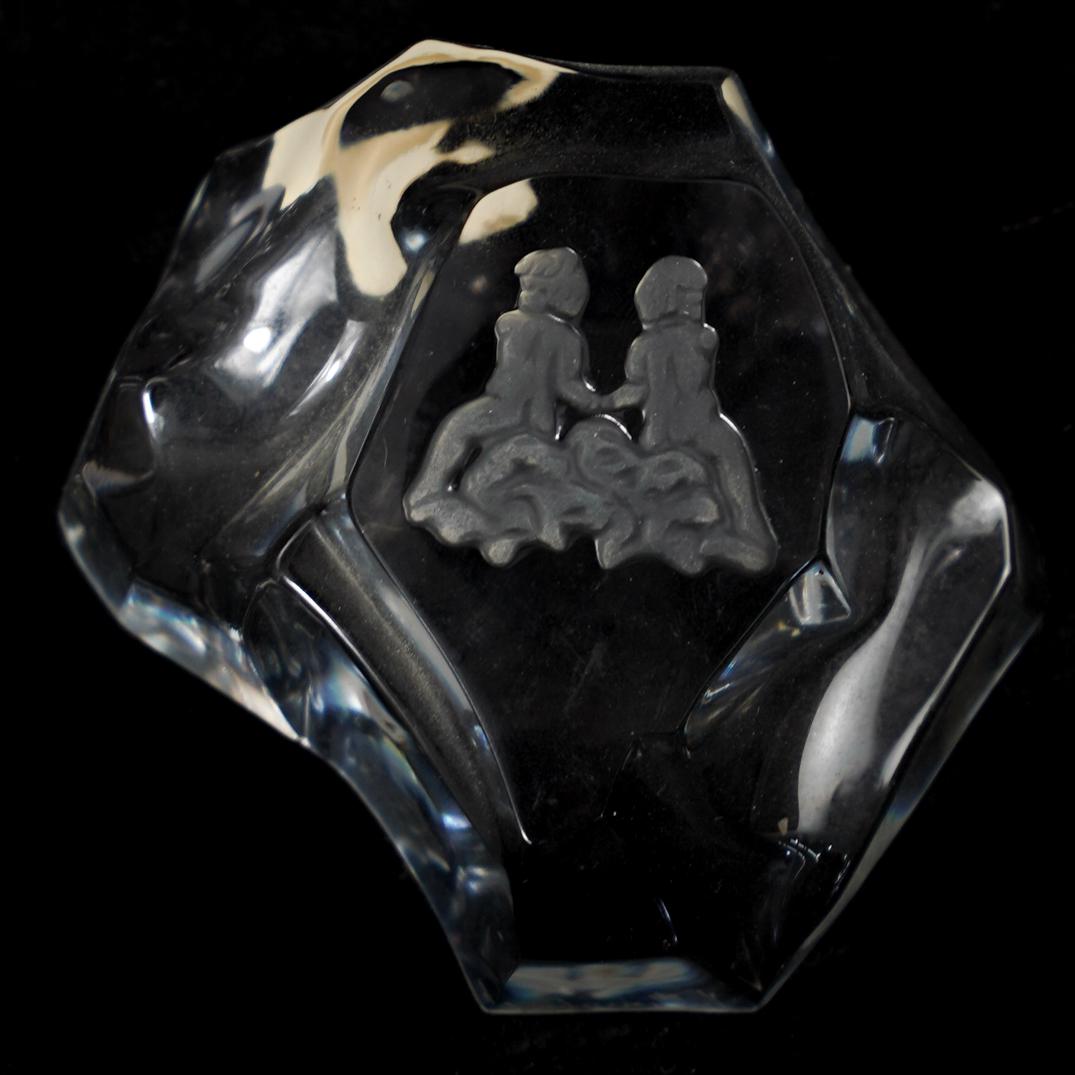 Val St. Lambert Paperweight: DESCRIPTION: A Val St. Lambert Paperweight, featuring bas relief etching of cherubs. Signed on the underside. CIRCA: 20th Century ORIGIN: Belgium DIMENSIONS: H. 1.75" x W. 4" x D. 3" CONDITION: Great 