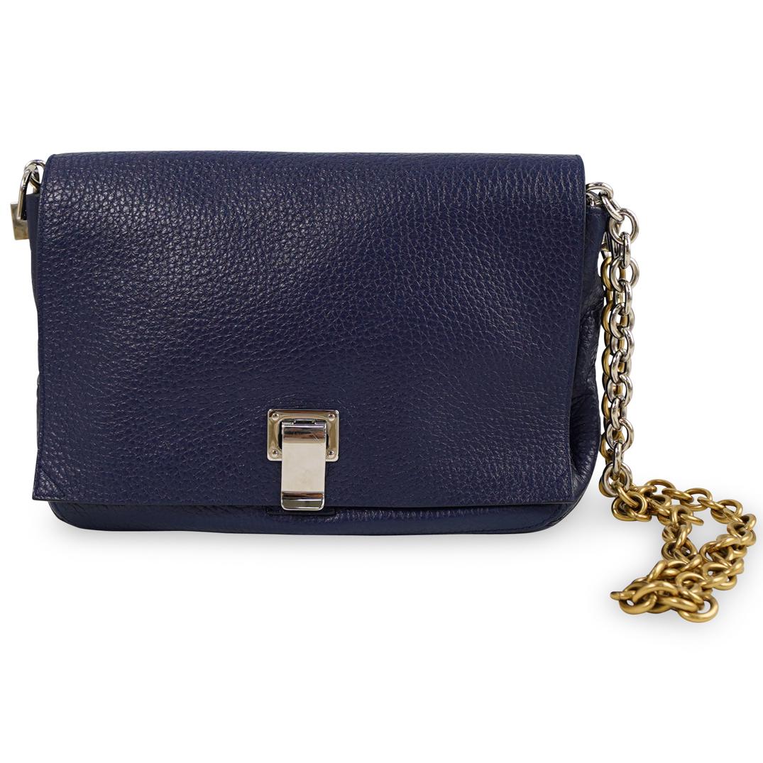 Proenza Schouler Small Courier Bag: DESCRIPTION: A Proenza Schouler PS Blue leather Courier bag. Crafted of pebbled calfskin leather. The bag features a half gold and half silver shoulder chain and a full facing flap and a silver switch