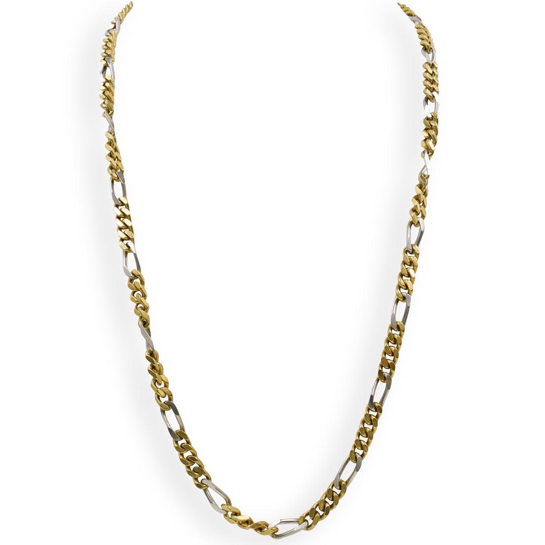 Vintage Chimento 18k Gold Chain Necklace: DESCRIPTION: A Vintage Italian 18k gold chain necklace by designer Chimento, the necklace is comprised of two tone, yellow and white gold links in the "Figaro" link pattern. Completed with a unique pu