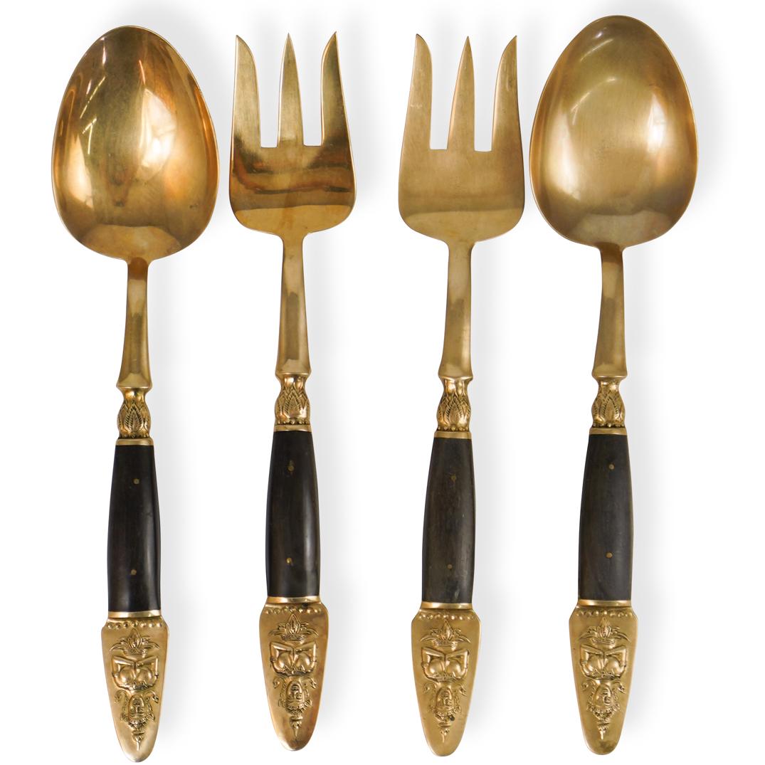 (4 Pc) Samran Thailand Brass Serving Utensils: DESCRIPTION: A set of four Samran Thailand brass serving utensils fitted with wooden handles and decorated with deity finials. Marked "Samran Thailand" CIRCA: 20th Cent. ORIGIN: Thailand DIMENSIONS: L