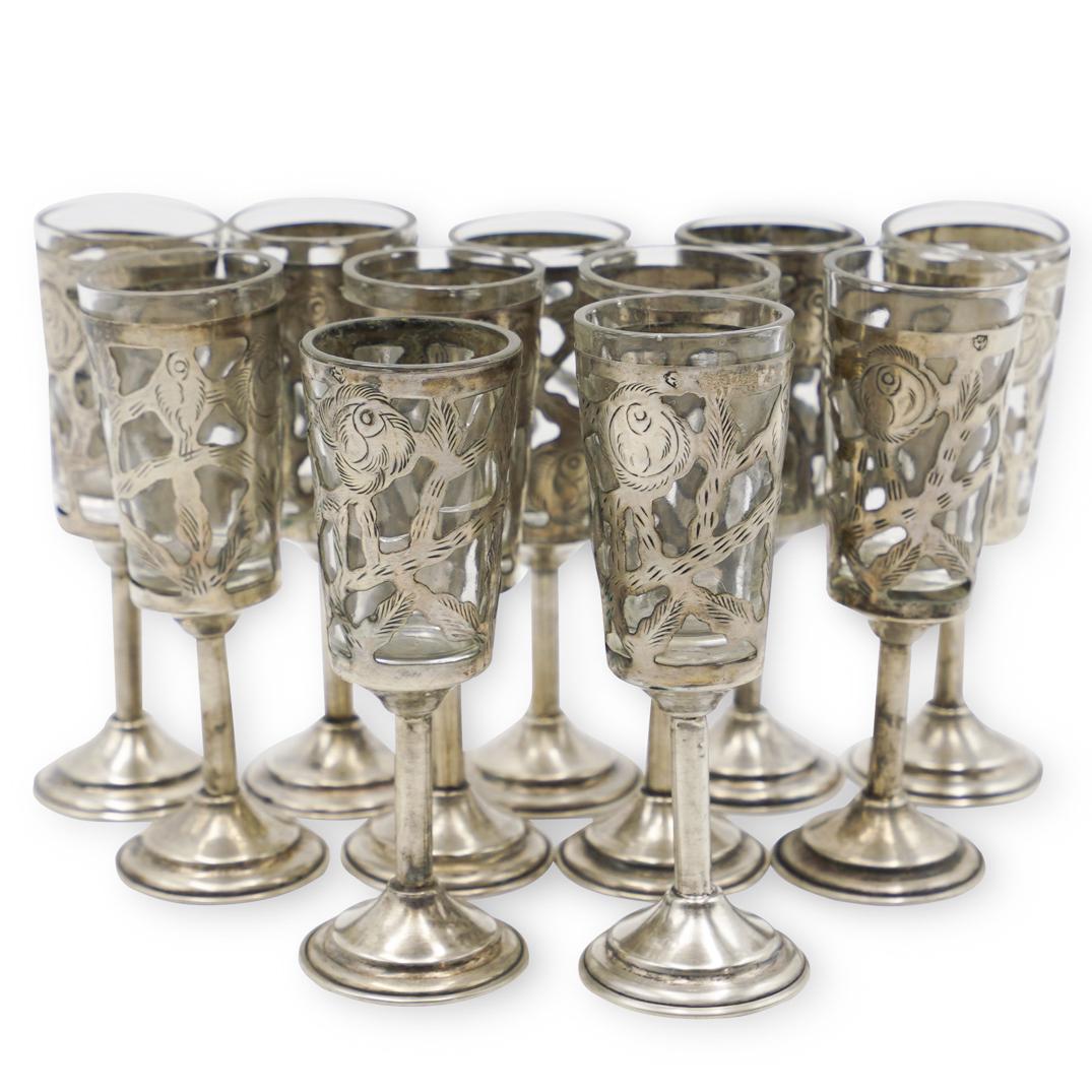 (11 Pc) Mexican Sterling Overlay Glass Cordials (1 of 4)