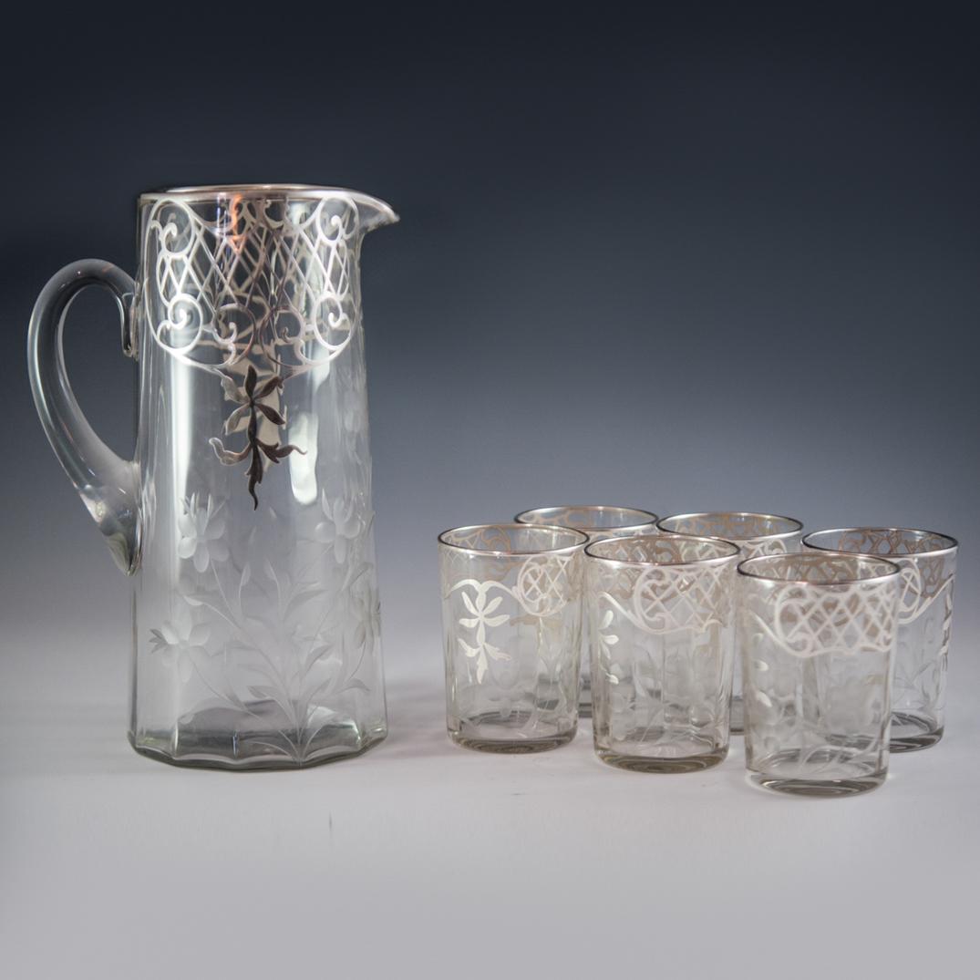 (7 Pc) Etched Silver Overlay Glass Set (1 of 5)