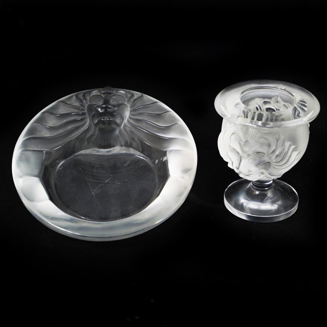 (2 Pc) Lalique "Tete De Lion" Table Lighter and Ashtray (1 of 4)