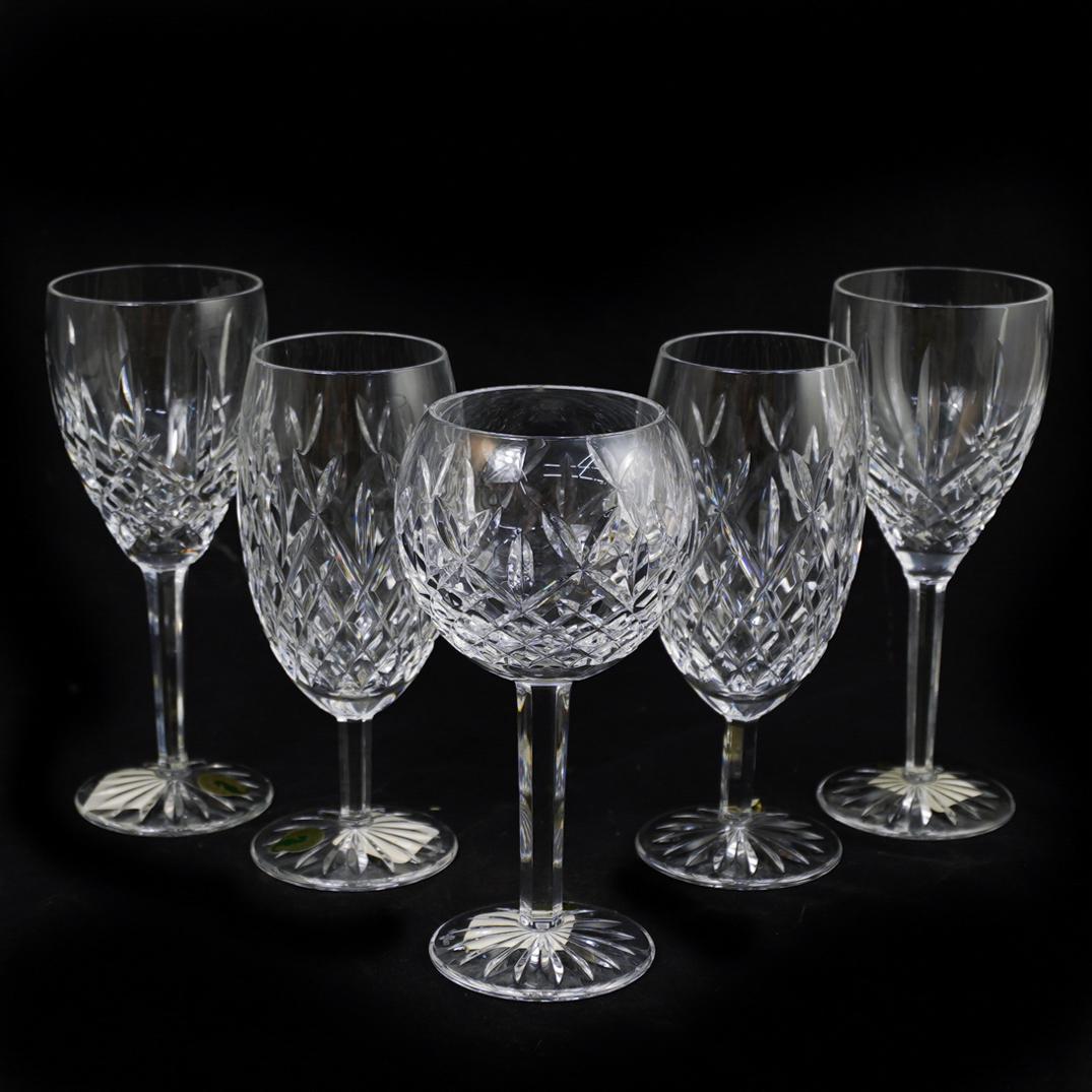 (5 Pc) Waterford Crystal Cut Glasses: DESCRIPTION: A set of five Waterford crystal cut glasses feature the following: 2 Palace Iced Glasses, Marked "Waterford" (Comes with Original Boxes) 1 Palace Wine Glass, Marked "Waterford" (With Orig