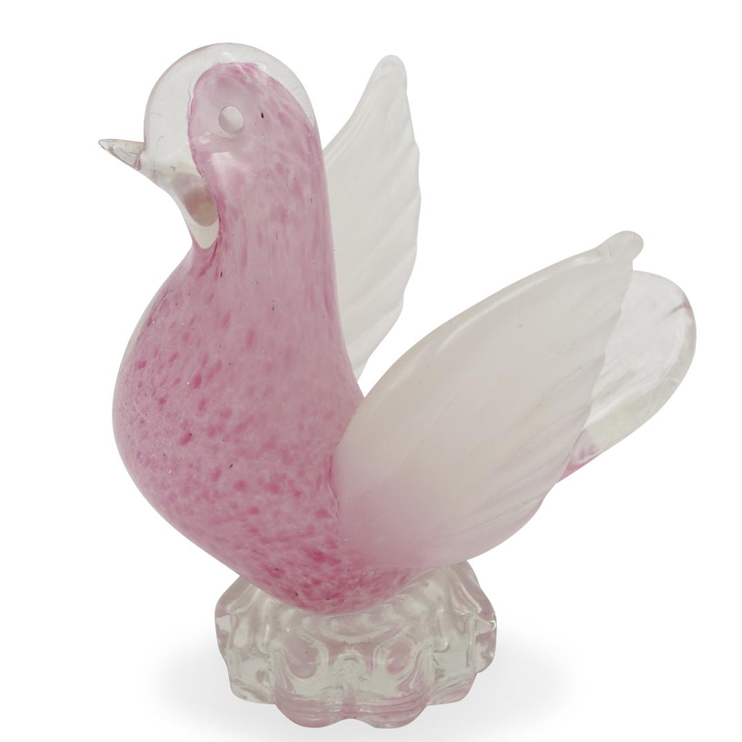 Murano Glass Dove Figurine: DESCRIPTION: A Murano glass figurine depicts a bird infused wth pink and frosted hues. CIRCA: 20th Cent. ORIGIN: Italy DIMENSIONS: H: 5" W: 5" CONDITION: Great condition. See lot description for detai