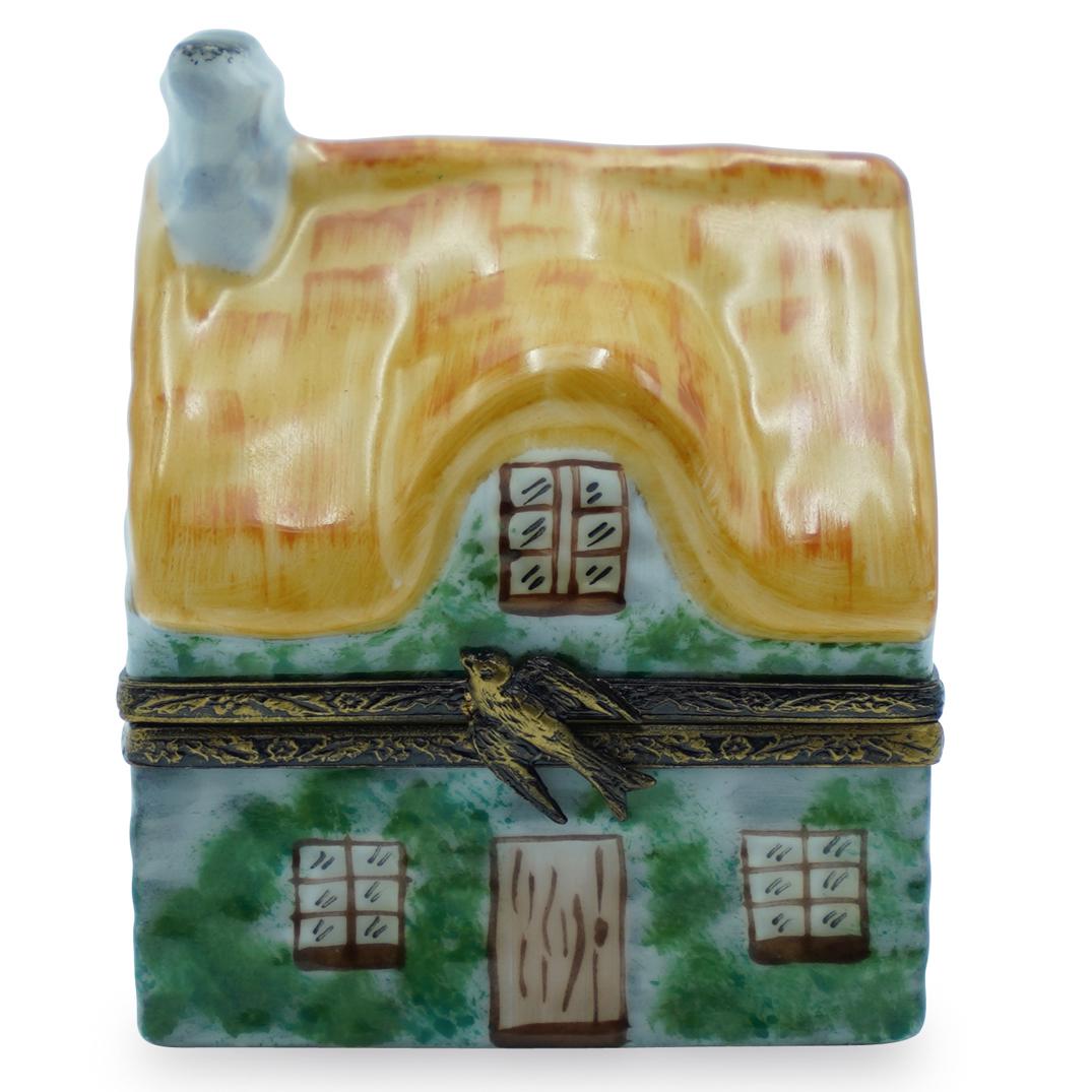 Limoges "Chambre D'hote" Porcelain Box: DESCRIPTION: A limoges porcelain trincket box in an overall hotel motif, written along the side "Chambre D'hote". Completed with gilded brass bird motif closure. Signed along the underside "Limoges Fr