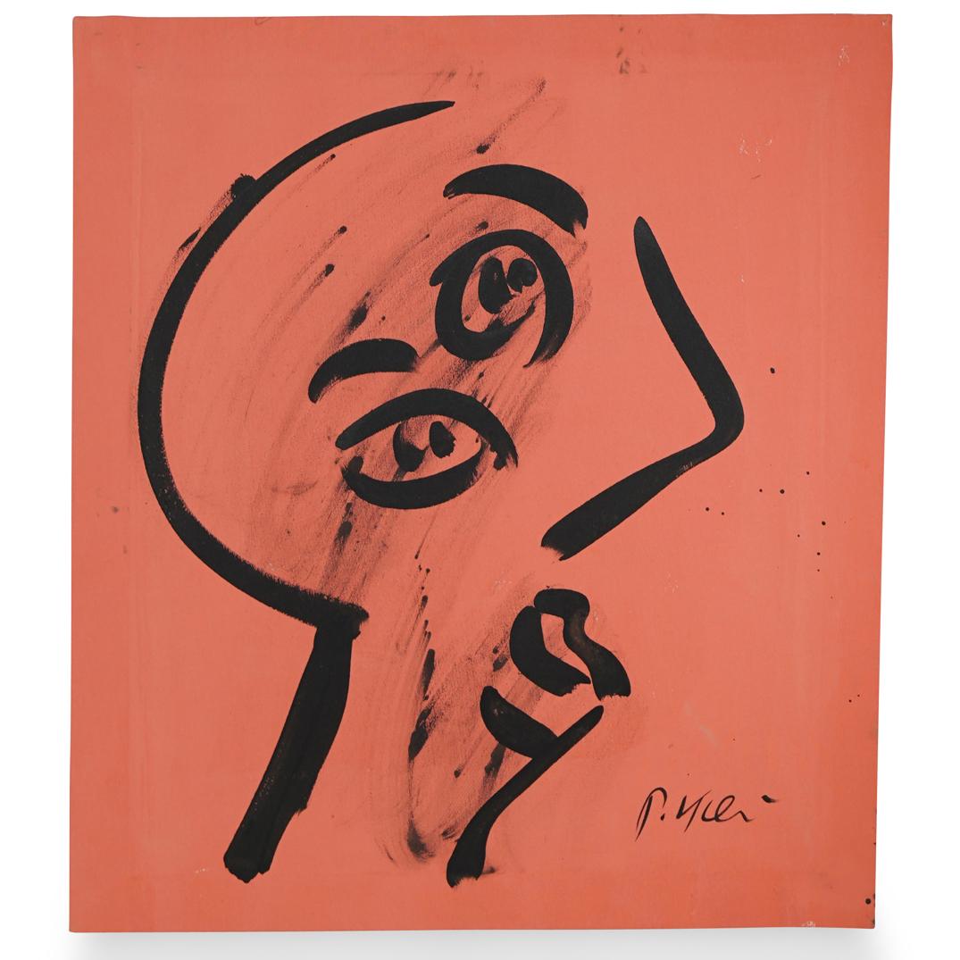 Peter Keil (German, b. 1942) Acrylic on Canvas: DESCRIPTION:An Acrylic on canvas painting depicts a portrait in black color on peach background executed in an abstract style. Signed lower right" P.Keil" Unframed. COA taped on the back. CIRCA: 20th