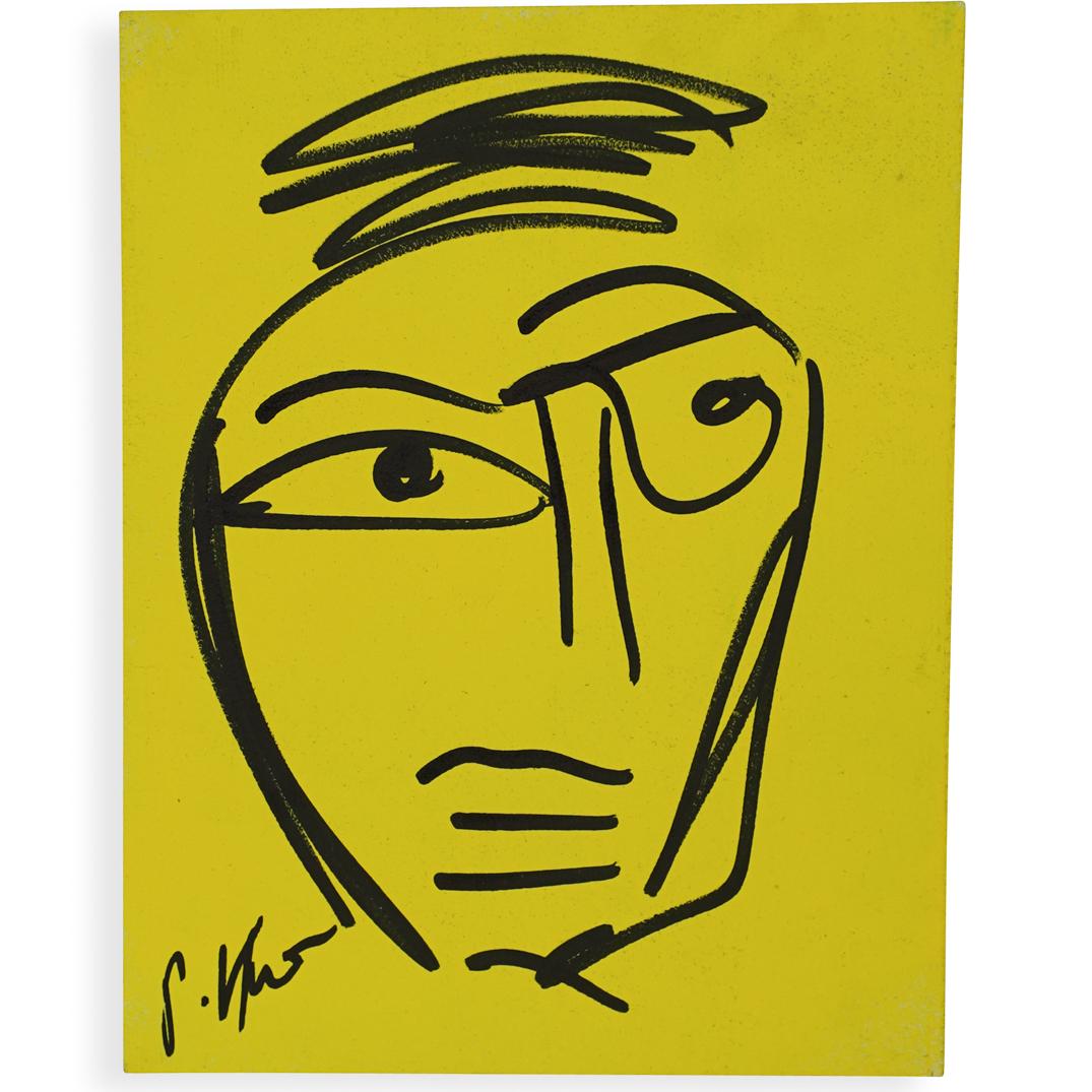 Peter Keil (German, b. 1942) Acrylic on Board: DESCRIPTION: An Acrylic on board painting depicts a portrait in black color, backed by a yellow background executed in an abstract style. Signed lower left " P.Keil" Unframed. COA taped on the back.Ã