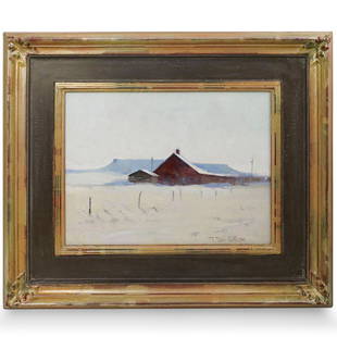 Tom Gilleon (American, b. 1942) Oil on Canvas: DESCRIPTION: An oil on canvas painting by R. Tom Gilleon, titled "Bauer's Barn" depicts a winter landscape with a barn house. Signed lower right: "R. Tom Gilleon", also signed and titled on the verso.