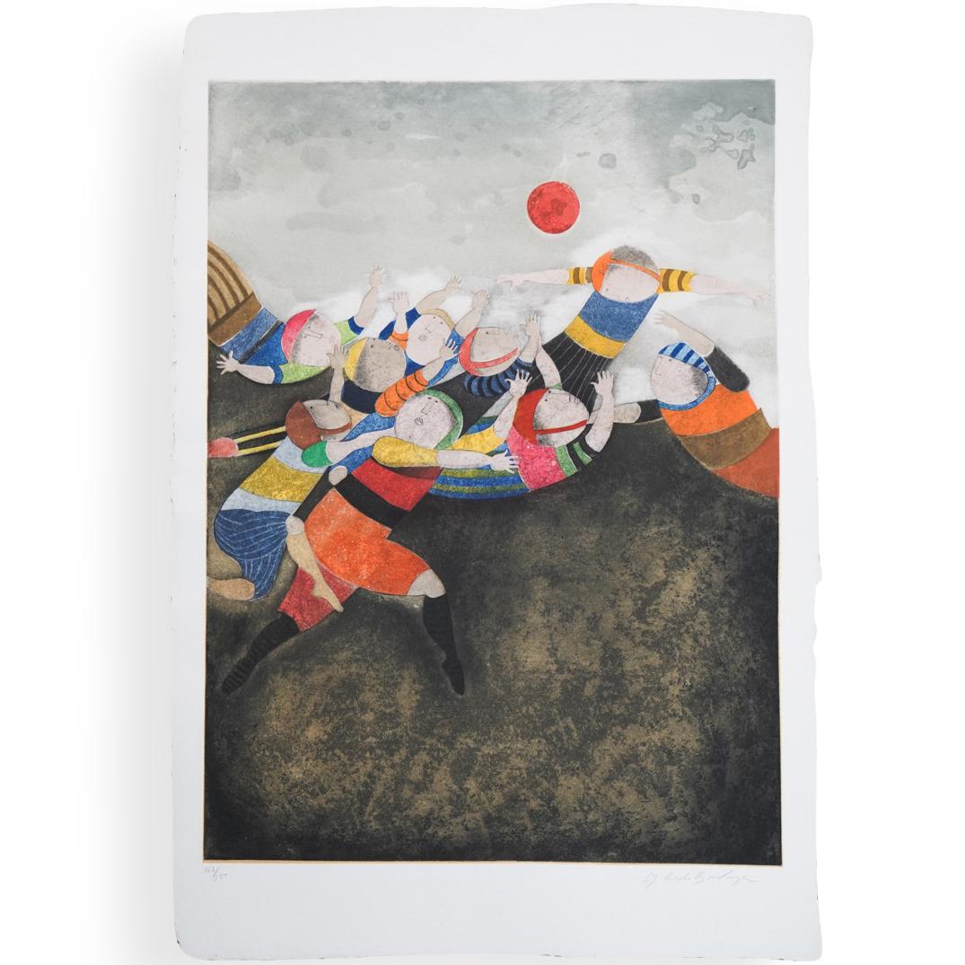 Graciela Rodo Boulanger (Bolivian B. 1935) Lithograph: DESCRIPTION: A Lithograph by Bolivian artist Graciela Boulanger depicting a scene of rugby players, numbered on the bottom left "167/250" and signed CIRCA: 20th Cent. ORIGIN: Bolivia DIMENSIONS: H: 36