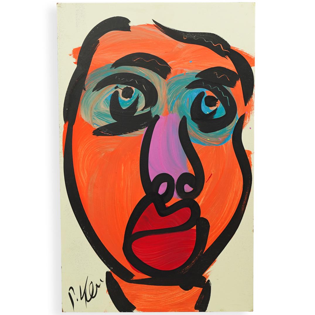 Peter Keil (German, b. 1942) Acrylic on Board: DESCRIPTION: An acrylic on board painting by German artist Peter Keil. Depicts a portrait in various colors executed in an abstract style over a nude background. Signed a"P. Keil". Unframed. COA taped