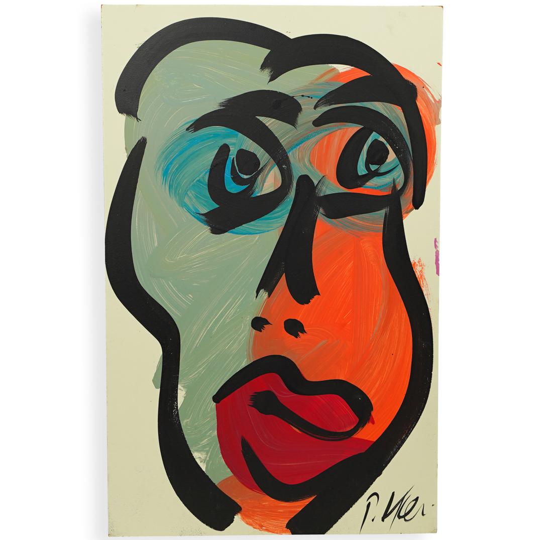Peter Keil (German, b. 1942) Acrylic on Board: DESCRIPTION: An acrylic on board painting by German artist Peter Keil. Depicts a portrait in various colors executed in an abstract style over a nude background. Signed a"P. Keil". Unframed. COA taped