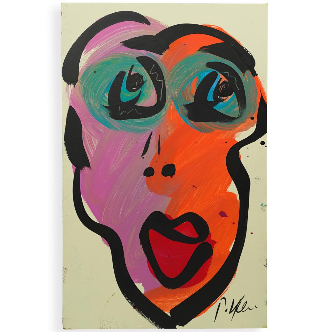 Peter Keil (German, b. 1942) Acrylic on Board: DESCRIPTION: An acrylic on board painting by German artist Peter Keil. Depicts a portrait in various colors executed in an abstract style over a nude background. Signed a"P. Keil". Unframed. COA taped