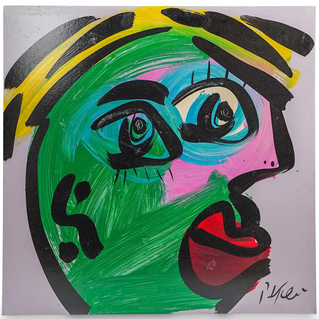 Peter Keil (German, b. 1942) Acrylic on Board: DESCRIPTION: An acrylic on board painting by German artist Peter Keil. Depicts a portrait in various colors executed in an abstract style over a lavender background. Signed a"P. Keil". Unframed. COA t