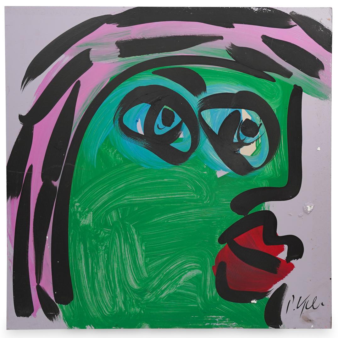 Peter Keil (German, b. 1942) Acrylic on Board: DESCRIPTION: An acrylic on board painting by German artist Peter Keil. Depicts a portrait in various colors executed in an abstract style over a lavender background. Signed a"P. Keil". Unframed. COA t