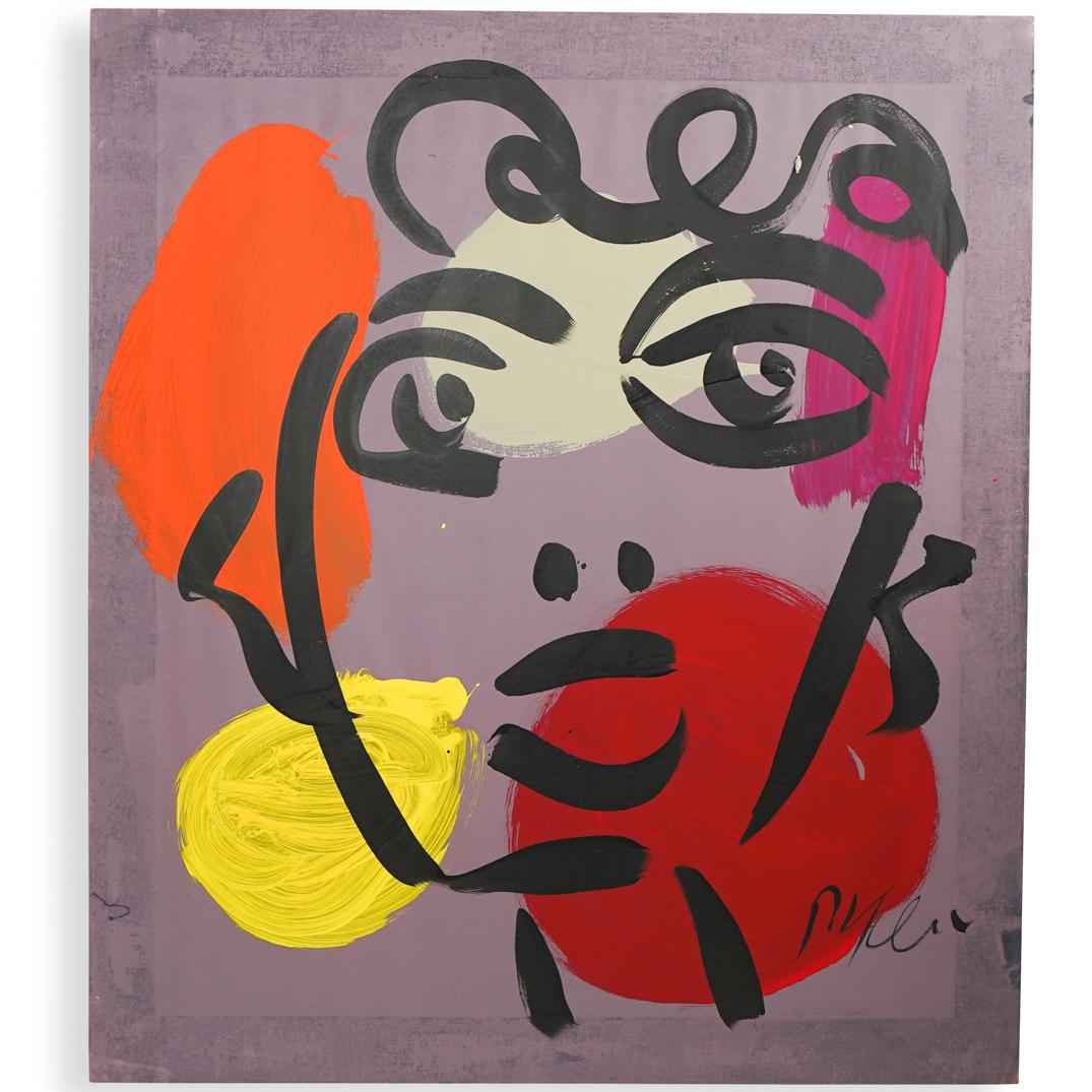 Peter Keil (German, b. 1942) Acrylic on Canvas: DESCRIPTION: An Oil On canvas painting by German artist Peter Keil. Depicts a portrait in various colors executed in an abstract style over a lavender background. Signed a"P. Keil". Unframed. COA tape