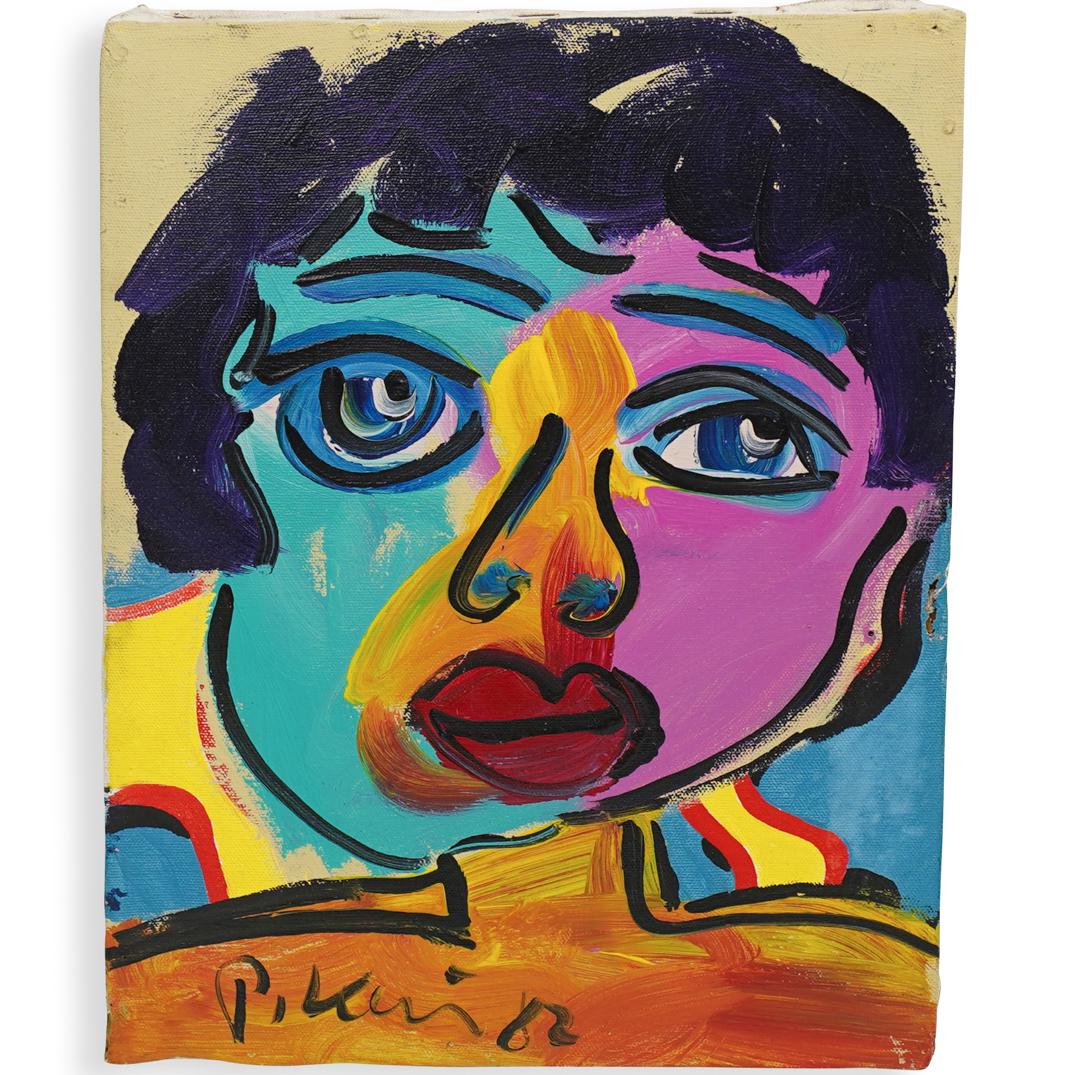 Peter Keil (German, b. 1942) Acrylic On Canvas: DESCRIPTION: Depicts a portrait in various colors executed in an abstract style. Signed and dated lower left, "Peter Keil 82". Also signed, "Berlin" and dated on verso. Unframed. CIRCA: 1982 ORIGIN: G