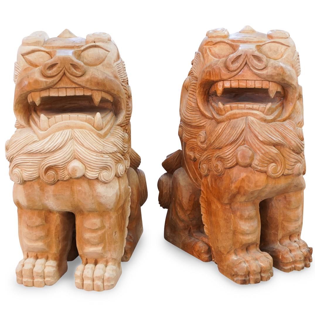 (2 Pc) Signed Chinese Carved Wood Foo Dogs (1 of 10)