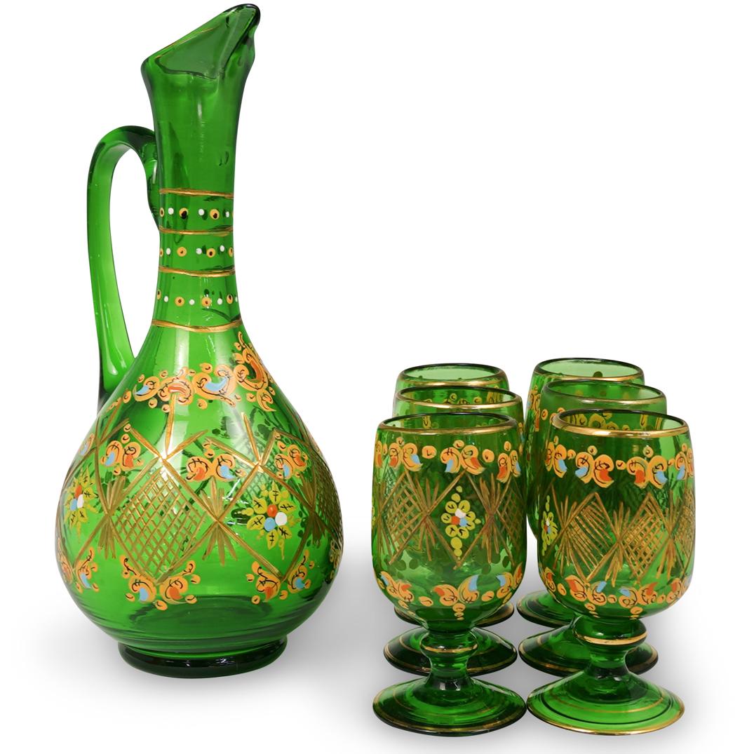 (7 Pc) Hand Painted Green Glass Pitcher and Glasses (1 of 4)