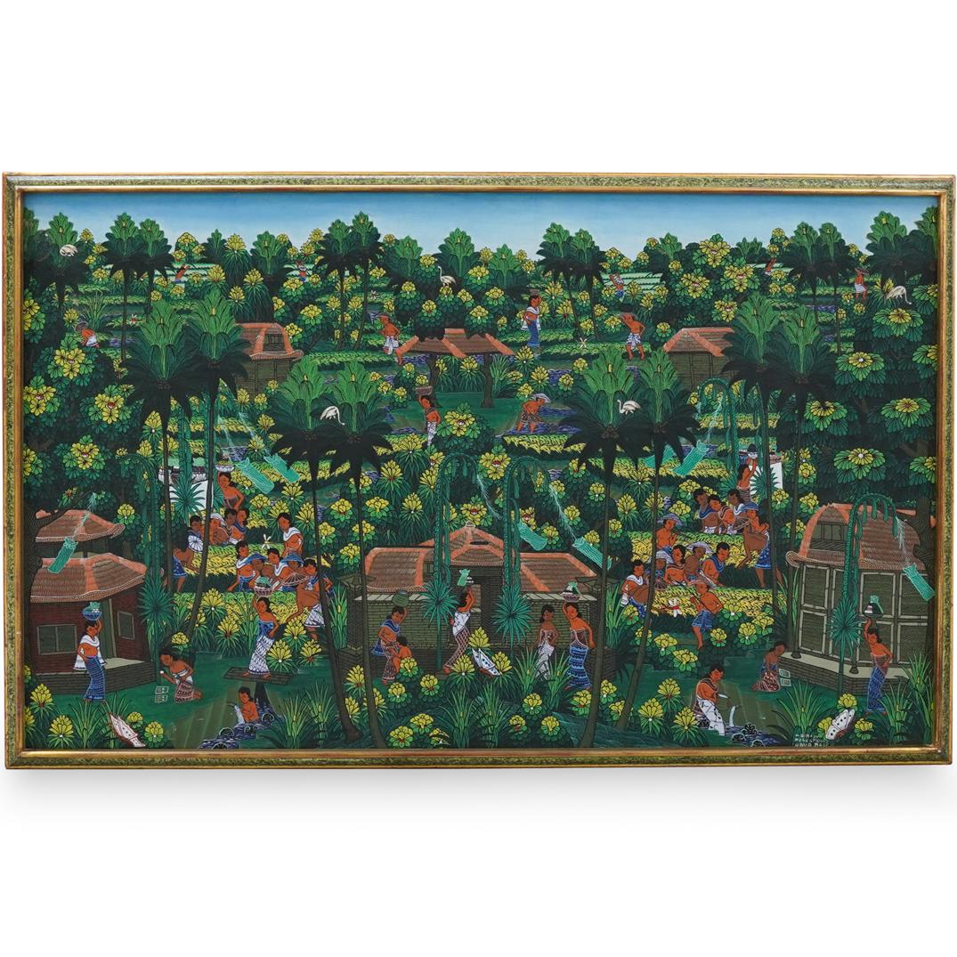 Balinese Acrylic on Canvas Painting: DESCRIPTION: An acrylic on painting depicting village scene with working figures in a tropical landscape. Signed lower right, "M.D. Raju Penestanan Ubud Bali" Framed. CIRCA: 20th Century ORIGIN: Indon