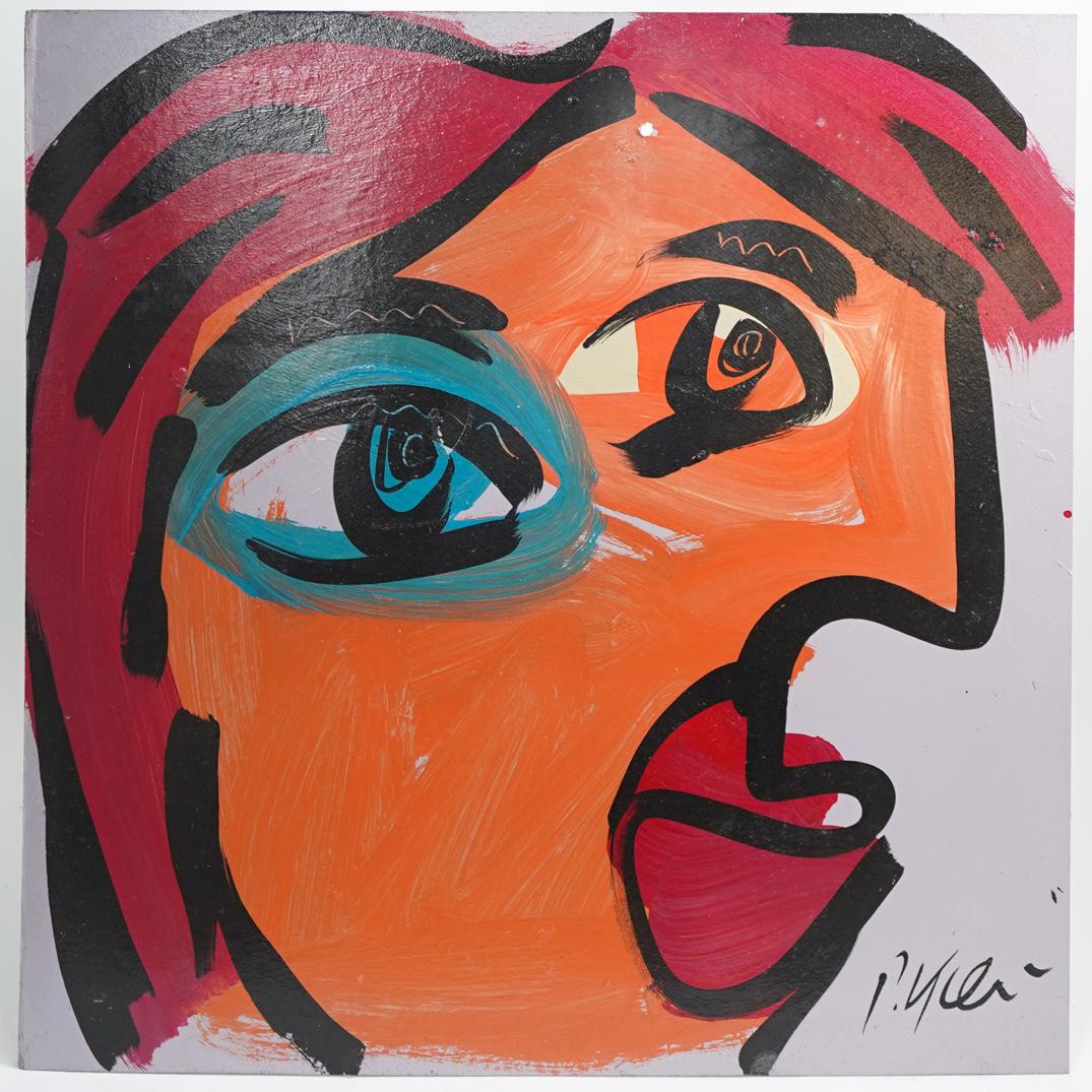 Peter Keil (German, b. 1942) Acrylic on Board: DESCRIPTION: An acrylic on on board painting by German artist Peter Keil. Depicts a portrait in various colors executed in an abstract style over a lavender background. Signed a"P. Keil". Unframed. CO