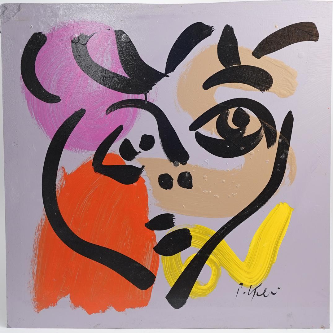 Peter Keil (German, b. 1942) Acrylic on Board: DESCRIPTION: An acrylic on on board painting by German artist Peter Keil. Depicts a portrait in various colors executed in an abstract style over a lavender background. Signed a"P. Keil". Unframed. CO
