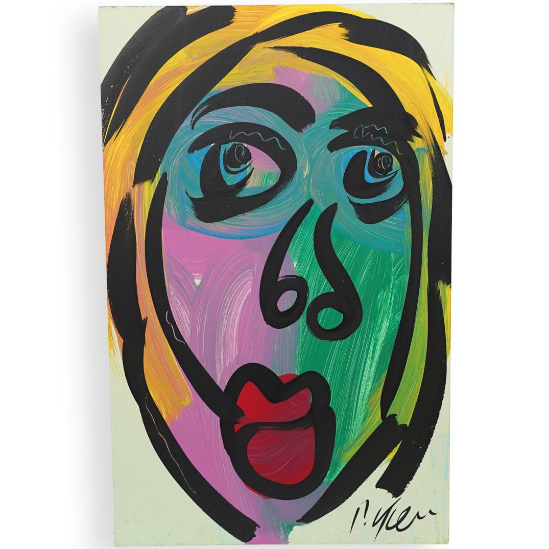 Peter Keil (German, b. 1942) Acrylic on Board: DESCRIPTION: An acrylic on on board painting by German artist Peter Keil. Depicts a portrait in various colors executed in an abstract style over a light green background. Signed a"P. Keil". Unframed.