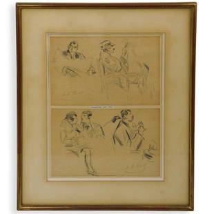 Elie Anatole Pavil (Ukrainian, 1873Ã¢â‚¬â€œ1948): DESCRIPTION:Elie Anatole Pavil (Ukrainian, 1873Ã¢€â€œ1948) Sketches on Paper , features two men reading a newspaper on top and a couple on the bottom. "Collection of Lina Pavil" is seen in