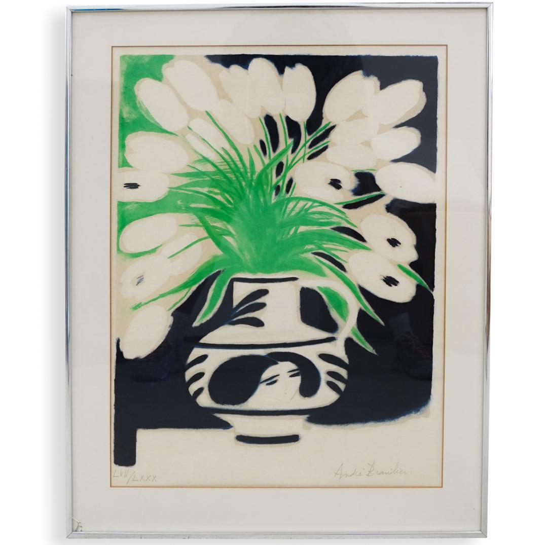 Andre Brasilier (French, b. 1929) Color Lithograph: DESCRIPTION: A limited edition color lithograph, tilted "Bouquet de Tulipes" from 1972, hand signed lower right, "Andre Brasilier" and numbered lower left in roman numerals, "LVII/LXXX" Framed under g