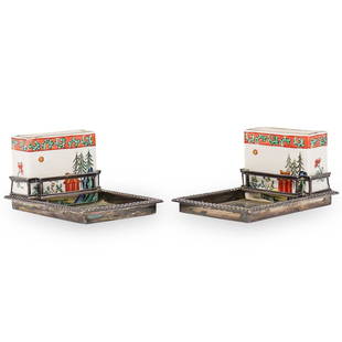 Cartier Chinoiserie Silver Smokers Set: DESCRIPTION: A Pair of Cartier Chinoisorie smokers set, each composed of a silver tray embellished along the border with beaded patterns, further fitted with porcelain cigarette holders painted in Chi