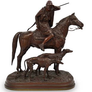 Alfred Dubucand (French, 1828-1894) Bronze Sculptural: DESCRIPTION: A Bronze sculptural group depicting a Mongolian hunter astride horse, with two greyhounds by his side. Marked with the iconic "DUBUCAND" on front left, and a foundry stamping number on re