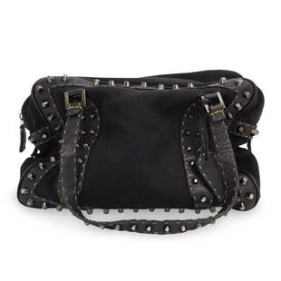 Fendi Selleria Black Leather Purse: DESCRIPTION: A Fendi 'Selleria' Black studded leather-trimmed canvas shoulder bag, with gunmetal-tone hardware, dual rolled top handles, studded detail throughout, signature topstitching, black nylon