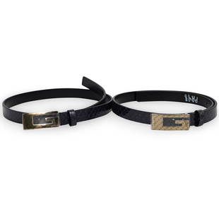(2) Gucci Embossed Crocodile Belts: DESCRIPTION: Two Gucci Blue Embossed Crocodile Belt,covered buckle with logo plaque on the loose end of the belt. Stamped: Gucci.CIRCA: 20th CenturyORIGIN: ItalyDIMENSIONS: L. 33"CONDITION: Great