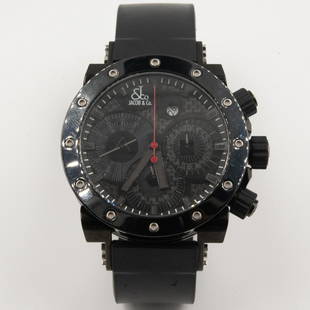 Jacob and Co Black Watch: DESCRIPTION: A Swiss Made Jacob & Co Black Watch. Features stainless steel metal, black natural rubber strap with butterfly clasp, dial marked 'Jacob & Co'CIRCA: 20th CenturyORIGIN: SwissDIMENSIONS: