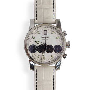 Eberhard Chrono 4 Steel Chronograph Automatic Watch: DESCRIPTION: Eberhard Chrono 4 Stainless Steel Chronograph Automatic Watch features a stainless steel round case and bezel with a domed sapphire crystal. The dial is White with baton hour markers.