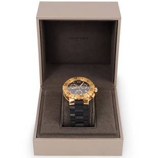 Chaumet Class One 18k Gold Chronograph Watch: DESCRIPTION: A Chaumet Class One Chronograph mens watch features a 18k Rose Gold case, bezel and Black dial with Luminous Gold-tone hands. The watch has the following functions: hours, minutes,