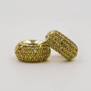 Pair of 18k Gold Earrings: DESCRIPTION: A pair of 18k yellow gold hoop earrings set with pave yellow diamonds amounting to approx. a total of .5 ct each earring. Total Weight: 13.7 dwtCIRCA: 20th Cent.ORIGIN: USADIMENSIONS: L: