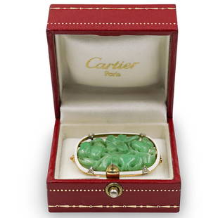 Vintage Cartier 18k Gold and Jade Pendant: DESCRIPTION: A Vinatge Cartier pendant composed of carved Apple green jade, encompassed by white enamel frame, and further accented by pointer diamonds. Marked along the back "Cartier 18k" Total