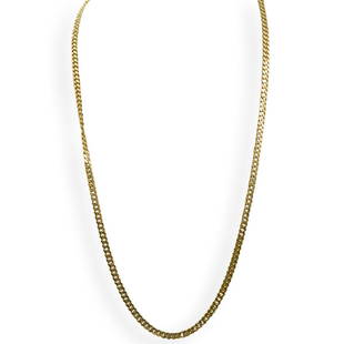 14k Gold "Cuban" Chain Necklace: DESCRIPTION: a 14k yellow gold chain featuring in a "Curb" chain pattern. Marked along the clasp "14k" Total Weight: 39.1 Grams (20.5 dwt)CIRCA: 21st Cent.ORIGIN: ItalyDIMENSIONS: L: 12"