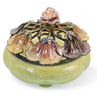 Jay Strongwater Reticulated Glass Lidded Bowl: DESCRIPTION: Jay Strongwater Glass, Enamel, & Swarovski Crystals, Lidded Bowl Flower Accent. Marked along the lids underside "Jay Strongwater"CIRCA: 21st Cent.DIMENSIONS: approx : 4" tall x 4.5"