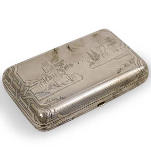 Russian Silver Cigarette Box: DESCRIPTION: A Russian 84 Silver hinged box with scenic harbour cover and monogram on the reverse, gold plated on interior, hallmarked "84, MH". Weight: 220.5 grams. CIRCA: 20th Century ORIGIN: Russia