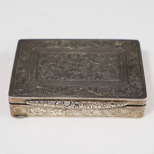 Antique Sterling Silver Etched Cigarette Box: DESCRIPTION: An antique sterling silver cigarette table box etched along the sides and tops with ornate vine patterns, (Tested Sterling) Total Weight: 158 Grams CIRCA: Early 20th Cent. ORIGIN: Contine