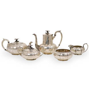 (5 Pc) Crichton and Co. Sterling Silver Tea Service: DESCRIPTION: A five piece set of sterling silver tea/coffee service. Each Piece is decorated with ornate patterns and floral motifs along the lid. Marked on the underside "Crichton & Co LTD New York