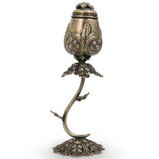 Silver 800 Floral Form Spice Tower: DESCRIPTION: A Silver .800 Spice/Besamim Tower, in the shape of a roses with filigree base and removable cap. Marked on stem "800" Weight: 114 grams.CIRCA: 20th CenturyORIGIN: ContinentalDIMENSIONS:
