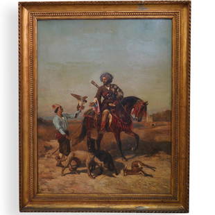 Jules Didier (1831-1892) Oil on Canvas: DESCRIPTION: An oil on canvas painting by Jules Didier, depicts an Oriental scene with a traveler on horseback and gentleman holding a hawk with dogs and deer in the foreground. Signed lower left.