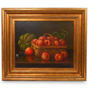 Levi Wells Prentice (American 1851-1935) Oil Painting: DESCRIPTION: An oil on canvas painting depicting a still life composition with a basket of peaches and cantaloupe. Signed lower right, "L.W. Prentice". Framed in a carved gilt wood frame.CIRCA: Early